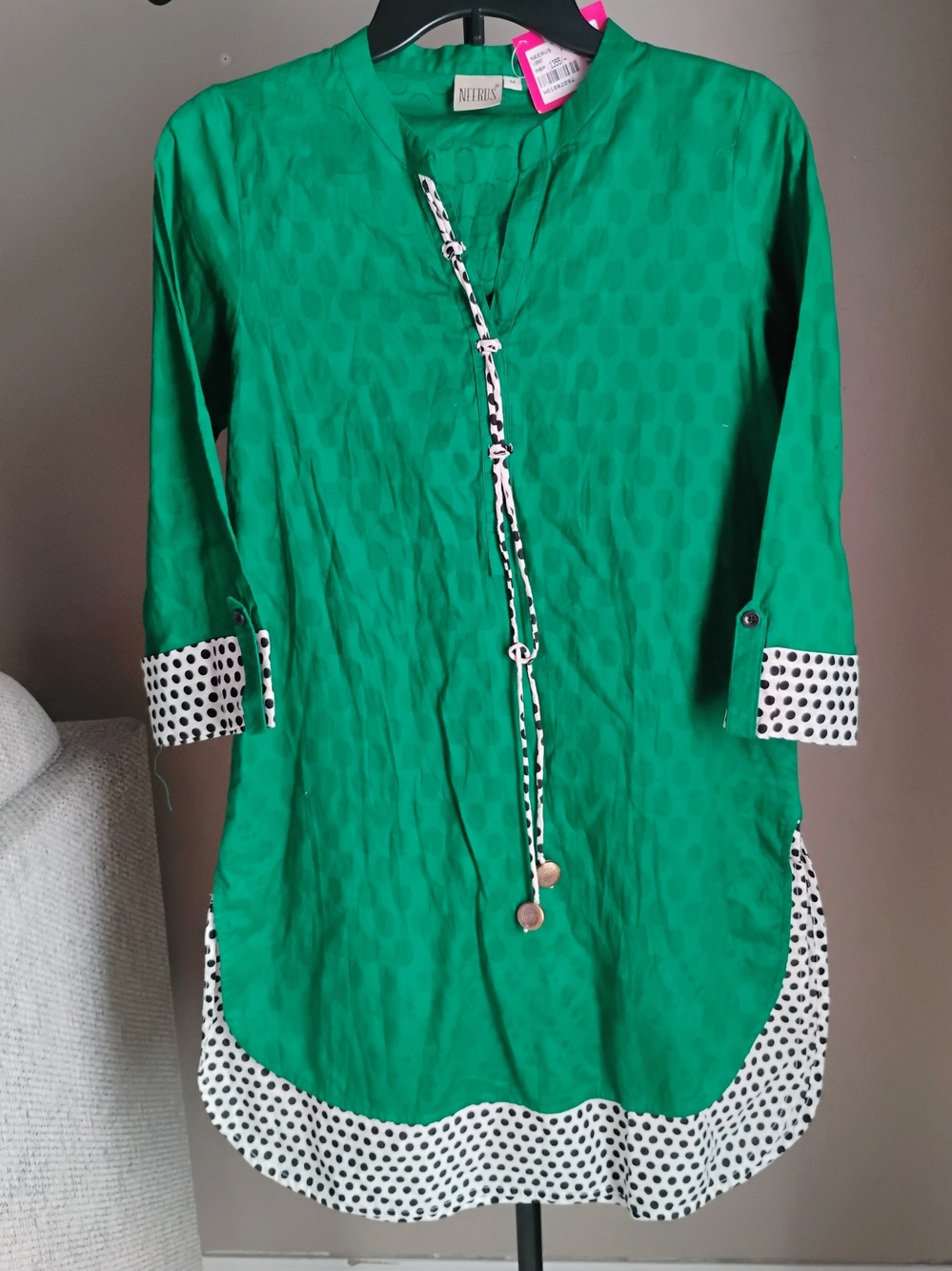 Emerald Green Size M Polka-Dot Trim Kurta Tunic Top